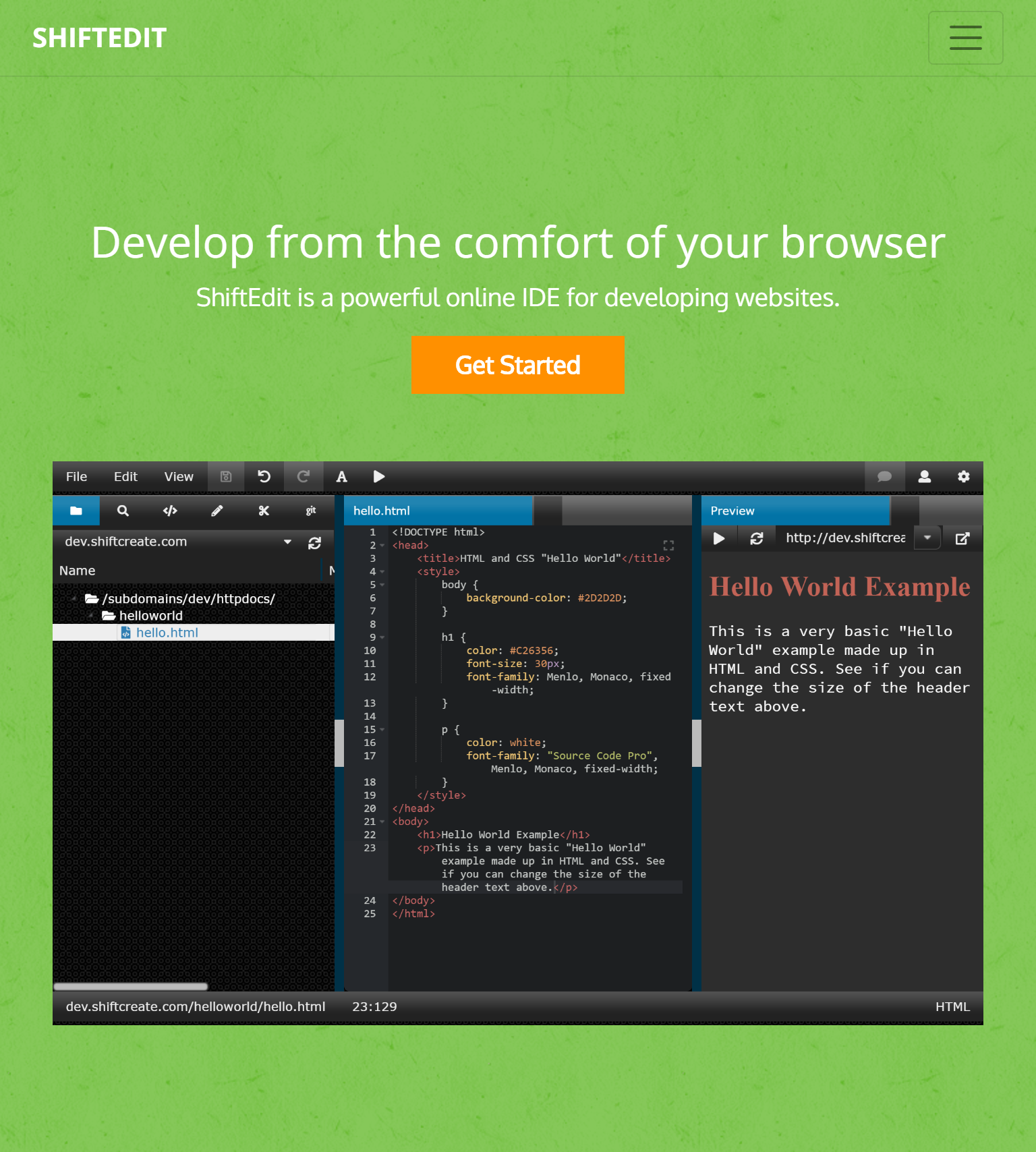 ShiftEdit online IDE website screenshot